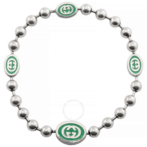 Gucci Interlocking G Green Enamel Sterling Silver Boule Chain 